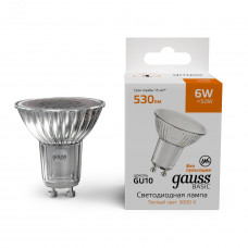 Лампа светодиодная LED 6 Вт 530 лм 3000К AC180-240В GU10 софит MR16 теплая  Basic Gauss