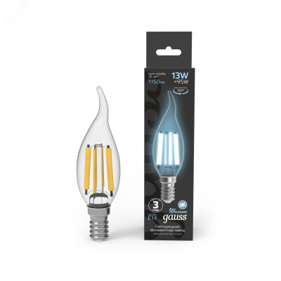 Лампа Gauss Filament Свеча на ветру 13W 1150lm 4100К Е14 LED 1/10/50