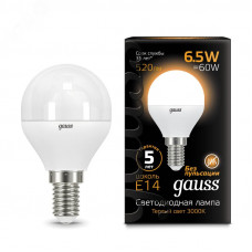 Лампа Gauss Шар 6.5W 520lm 3000K E14 LED 1/10/100