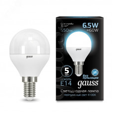 Лампа Gauss Шар 6.5W 550lm 4100K E14 LED 1/10/100