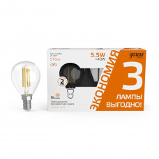 Лампа Gauss Basic Filament Шар 5,5W 510lm 2700К Е14 LED (3 лампы в упаковке) 1/20