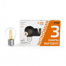 Лампа Gauss Basic Filament Шар 5,5W 510lm 2700К Е27 LED (3 лампы в упаковке) 1/20