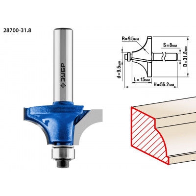Кромочная калевочная фреза Профессионал №1, 31.8x15 мм, радиус 9.5 мм