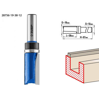 Фреза пазовая прямая с верхним подшипником 19x38мм, хвостовик 12мм