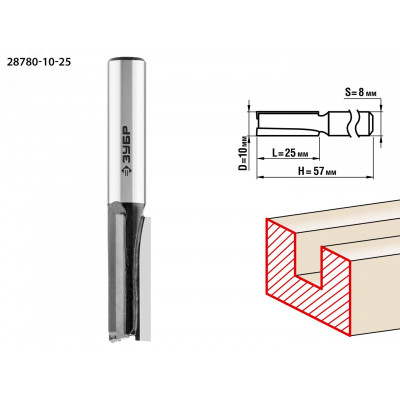 Фреза пазовая прямая 10x25мм, хвостовик 8мм