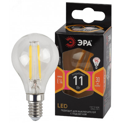 Лампа светодиодная F-LED P45-11w-827-E14 (филамент, шар, 11Вт, тепл, E14) (10/100/4000)