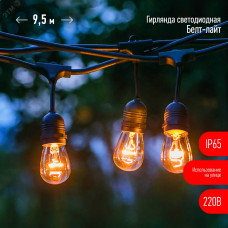 Гирлянда нить Филамент 2, 9,5 м, длина провода 60 см, 20 LED, теплый белый, E27, каучук, 220В, IP44 ERABL-FIL2