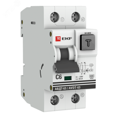Дифференциальный автомат АВДТ-63 6А/30мА (характеристика C, эл-мех тип A) 6кА EKF PROxima