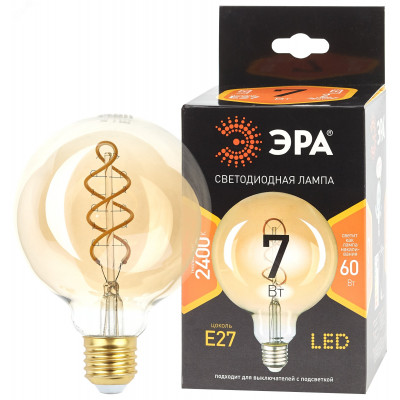 Лампа светодиодная филаментная F-LED G95-7W-824-E27 spiral gold (филамент, шар спир зол, 7Вт, тепл, E27) (20/560)