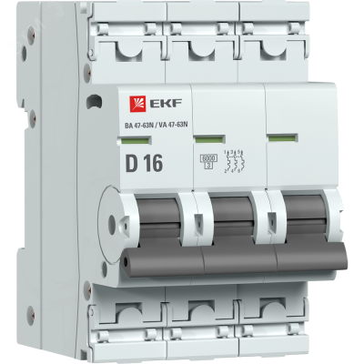 Автоматический выключатель 3P 16А (D) 6кА ВА 47-63N EKF PROxima