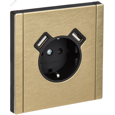 FORTE&PIANO Розетка 1-местная с заземлением с защитными шторками винтовое крепление 16А USB A+A 3,1А FP645M металл шампань IEK