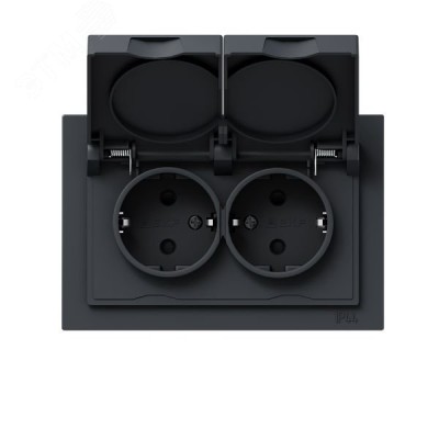 Механизм розетки двойной  16А  IP44  с заземлением  со шторками  с рамкой  с крышками  графит Эпика EKF