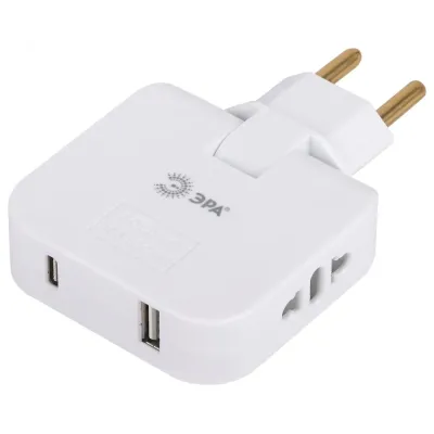Разветвитель электрический ЭРА SPF-2-FL-USBC поворотный на 2 розетки + 2USB A+C 10А белый