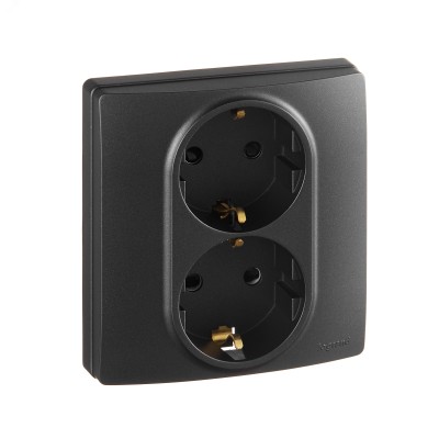 Розетка 2-местная с заземлением с защитными шторками безвинтовое крепление 16А в сборе антрацит ETIKA