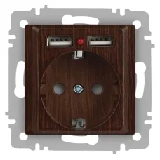 Розетка Intro Accent 6-410-10 , P+E Schuko со шторками, 16А-250В + 2хUSB, IP20, СУ, венге