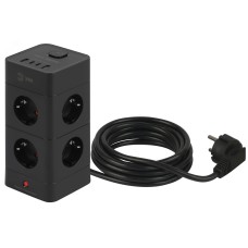 Сетевой фильтр 16А башня с защитой заземлением с выключателем 8 розеток+4xUSBA+C 1,5м черный TWR-8es-1,5m-4USB-B