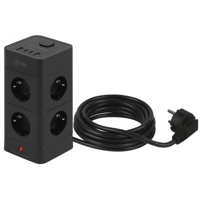 Сетевой фильтр 16А башня с защитой заземлением с выключателем 8 розеток+4xUSBA+C 1,5м черный TWR-8es-1,5m-4USB-B