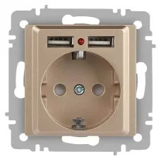 Розетка Intro Accent 6-410-04 , P+E Schuko со шторками, 16А-250В + 2хUSB, IP20, СУ, шампань