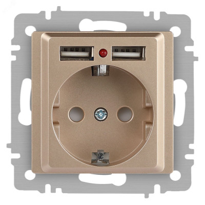 Розетка Intro Accent 6-410-04 , P+E Schuko со шторками, 16А-250В + 2хUSB, IP20, СУ, шампань