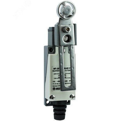 Выключатель путевой ВП 25-2143 М-65 У2, рычаг со стальным роликом, регулируемый по длине, 1з+1р, безынерционный, 21х56 мм, 3А, IP65