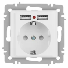Розетка Intro Accent 6-410-01М , P+E Schuko со шторками, 16А-250В + 2хUSB, IP20, СУ, белый матовый