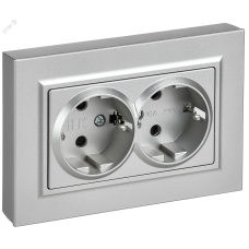 BRITE Розетка 2-местная с заземлением с защитными шторками плоская 16А в сборе РСшПл12-3-БрА алюминий IEK