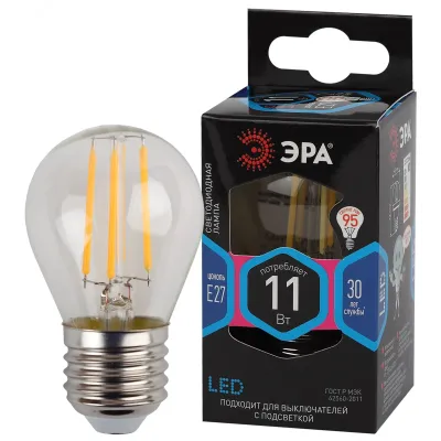 Лампочка светодиодная ЭРА F-LED P45-11W-840-E27 Е27 / Е27 11Вт филамент шар нейтральный белый свет