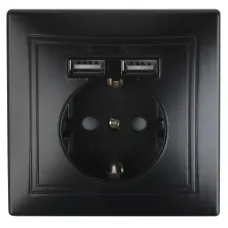 Розетка Intro Plano 1-410-05 с заземлением 2P+E Schuko со шторками, 16А-250В + 2хUSB 5В-2,1А, IP20, СУ, антрацит