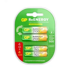 Аккумуляторы перезаряжаемые GP ReEnergy 210AAHC АА+75AAAHC AAA, емкости 2000 и 750 мАч - 8 шт. в промо-упаковке 4+4