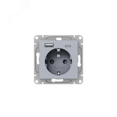 Механизм розетки с USB-A+С - 2шт, 16А, с заземлением, со шторками, алюминий Эпика EKF