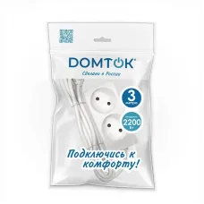 Удлинитель бытовой 2 гнезда, ПВС 2*1, 2,2 кВт, без заземления, 3 метра DOMTOK