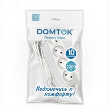 Удлинитель бытовой 4 гнезда, ПВС 2*1, 2,2кВт, без заземления, 10 метров DOMTOK