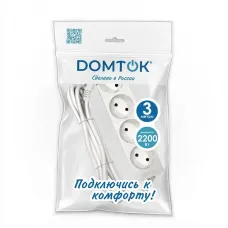 Удлинитель бытовой 4 гнезда, ПВС 2*1, 2,2кВт, без заземления, 3 метра DOMTOK
