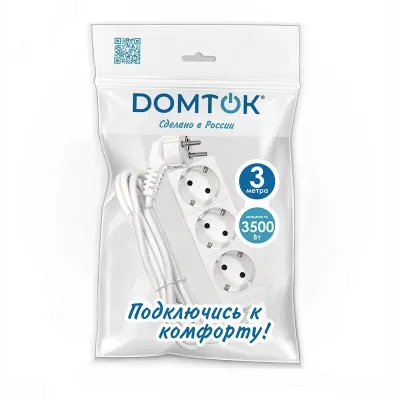 Удлинитель бытовой 3 гнезда, ПВС 3*1, 3,5 кВт, с заземлением, 3 метра DOMTOK