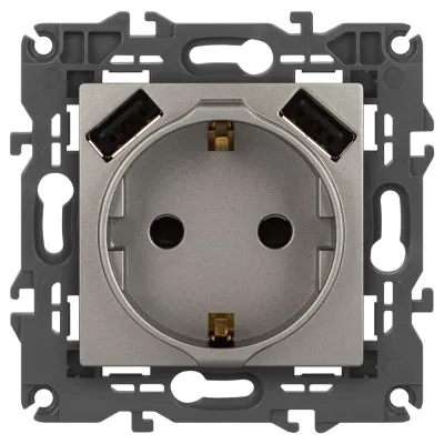Розетка ЭРА Elegance 14-4109-16 2P+E 16A-250В, штор. с 2xUSB 5В-3А, титан