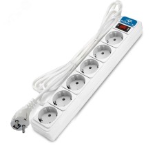 Фильтр-удлинитель 6 гнезд, ПВС 3x1, 10А/2,2кВт, выключатель с индикацией, с заземлением, белый, 1,8 метра DOMTOK