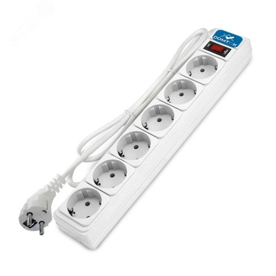 Фильтр-удлинитель 6 гнезд, ПВС 3x1, 10А/2,2кВт, выключатель с индикацией, с заземлением, белый, 5 метров DOMTOK