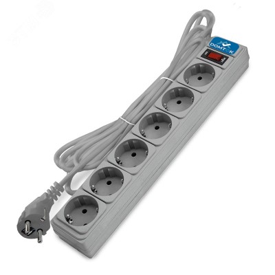 Фильтр-удлинитель 6 гнезд, ПВС 3x1, 10А/2,2кВт, выключатель с индикацией, с заземлением, серый, 1,8 метра DOMTOK