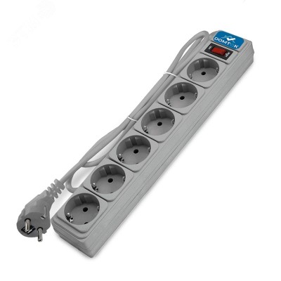 Фильтр-удлинитель 6 гнезд, ПВС 3x1, 10А/2,2кВт, выключатель с индикацией, с заземлением, серый, 5 метров DOMTOK