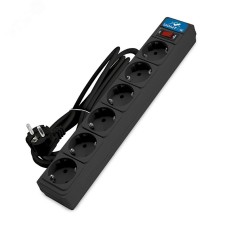 Фильтр-удлинитель 6 гнезд, ПВС 3x1, 10А/2,2кВт, выключатель с индикацией, с заземлением, черный, 3 метра DOMTOK