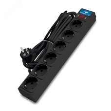Фильтр-удлинитель 6 гнезд, ПВС 3x1, 10А/2,2кВт, выключатель с индикацией, с заземлением, черный, 5 метров DOMTOK