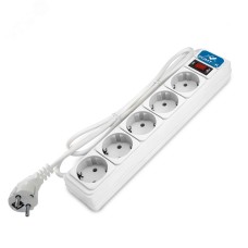 Фильтр-удлинитель 5 гнезд, ПВС 3x1, 10А/2,2кВт, выключатель с индикацией, с заземлением, белый, 1,8 метра DOMTOK