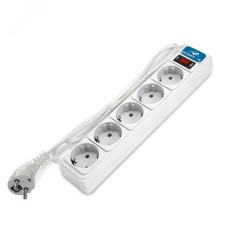 Фильтр-удлинитель 5 гнезд, ПВС 3x1 10А/2,2кВт, выключатель с индикацией, с заземлением, белый, 3 метра DOMTOK