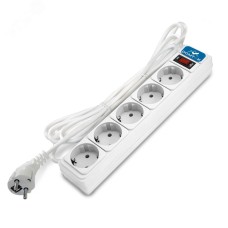 Фильтр-удлинитель 5 гнезд, ПВС 3x1 10А/2,2кВт, выключатель с индикацией, с заземлением, белый, 5 метров DOMTOK