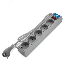 Фильтр-удлинитель 5 гнезд, ПВС 3x1, 10А/2,2кВт, выключатель с индикацией, с заземлением, серый, 3 метра DOMTOK