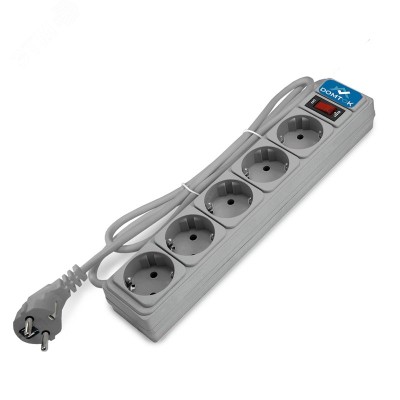 Фильтр-удлинитель 5 гнезд, ПВС 3x1, 10А/2,2кВт, выключатель с индикацией, с заземлением, серый, 3 метра DOMTOK