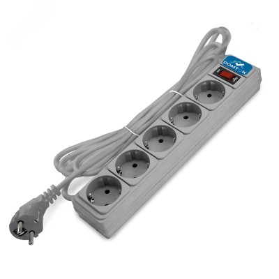 Фильтр-удлинитель 5 гнезд, ПВС 3x1, 10А/2,2кВт, выключатель с индикацией, с заземлением, серый, 5 метров DOMTOK