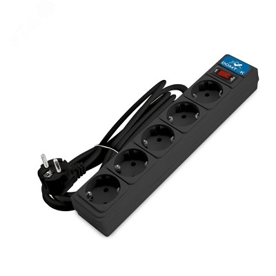 Фильтр-удлинитель 5 гнезд, ПВС 3x1, 10А/2,2кВт, выключатель с индикацией, с заземлением, черный, 3 метра DOMTOK