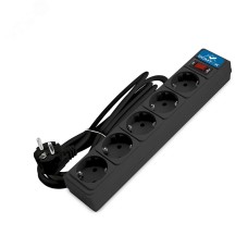 Фильтр-удлинитель 5 гнезд, ПВС 3x1, 10А/2,2кВт, выключатель с индикацией, с заземлением, черный, 5 метров DOMTOK