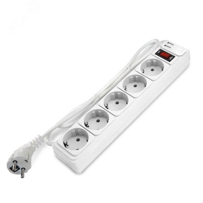 Фильтр-удлинитель 5 гнезд с USB type-A + type-A, ПВС 3*1, 10А/2,2кВт, выключатель с индикацией, с заземлением, белый, 1,8 метра DOMTOK